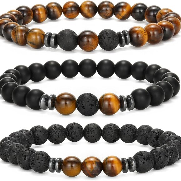 Unisex Couples Matching Beaded Bracelets Set - Natural Lava Rock Jewelry - Picture 1 of 7
